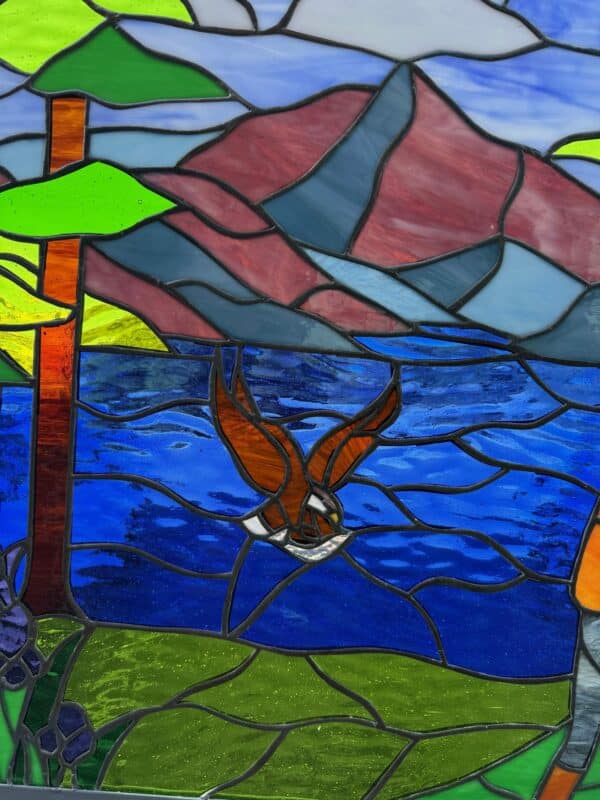 Hiker, Eagle & Lake Stained Glass Window Panel