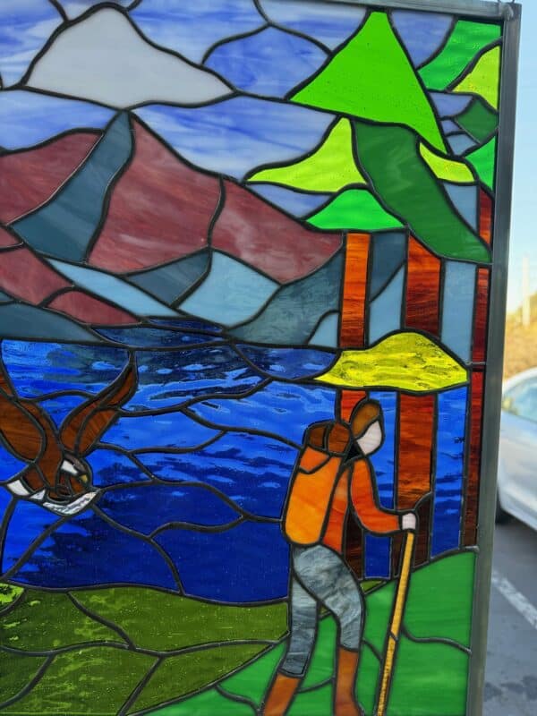 Hiker, Eagle & Lake Stained Glass Window Panel