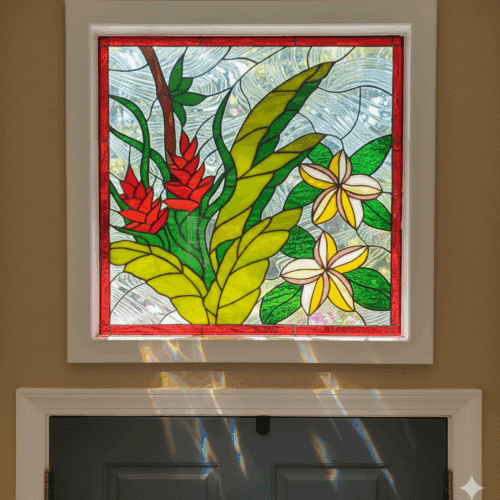 A square stained glass panel featuring a vibrant tropical floral design. It depicts red ginger flowers, large green and yellow leaves, and white and yellow plumeria flowers against a clear, textured background. The panel has a red glass border and is installed in a white frame above a door, casting colorful light patterns.