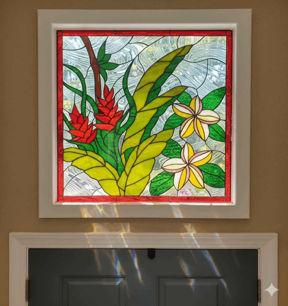 Tropical! Plumeria & Heliconia Flowers Stained Glass Window Vinyl
