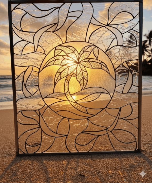 A square stained glass panel featuring a central circular design with a palm tree silhouette against a radiant sunset over the ocean, surrounded by clear textured glass depicting waves and abstract forms. The panel is freestanding on a sandy beach with the real ocean and sunset visible behind it.