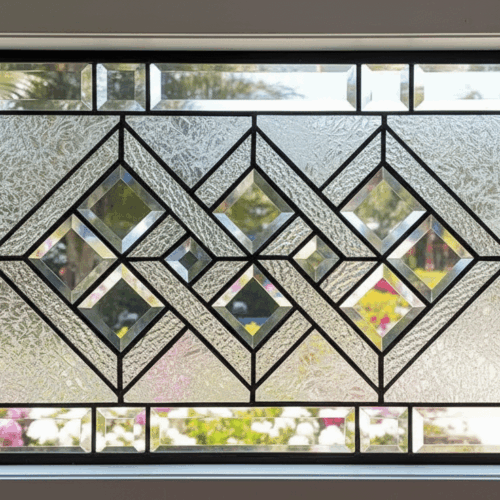 A rectangular stained glass transom window with a symmetrical, geometric design. The center features an intricate cluster of interlocking, clear beveled diamonds set against a frosty, textured privacy glass background. The panel has a clear beveled border.