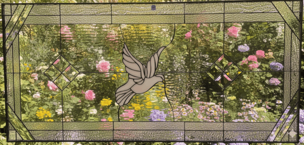 A rectangular stained glass panel featuring a white dove in flight against a background of clear textured glass, bordered by geometric clear bevels.