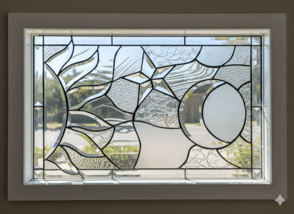 Vinyl framed and Triple Paned Beveled Sun, Moon & Star #2 Stained Glass Window
