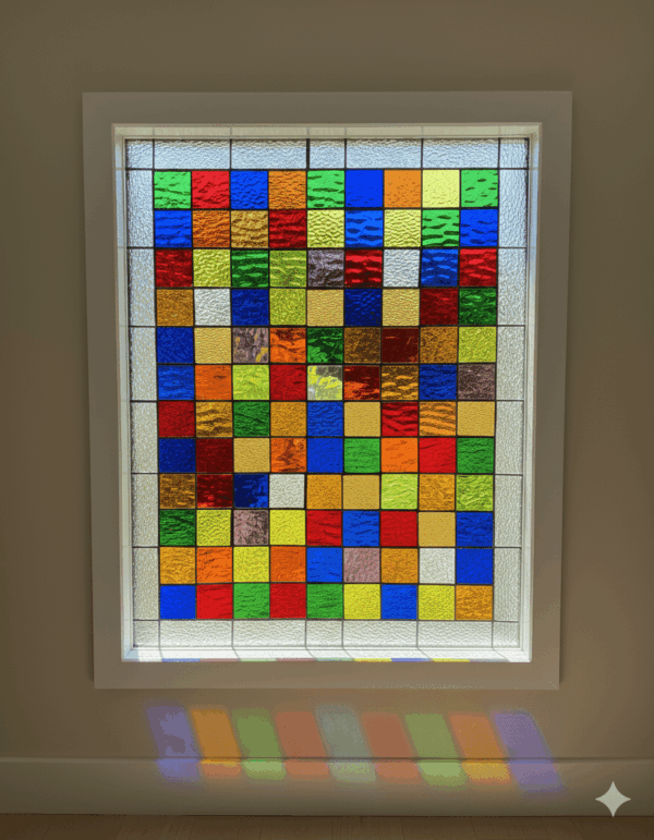 A rectangular, insulated vinyl window with a colorful stained glass panel inside. The design is a grid of multi-colored squares in shades of red, blue, green, and yellow, surrounded by a clear, textured border.