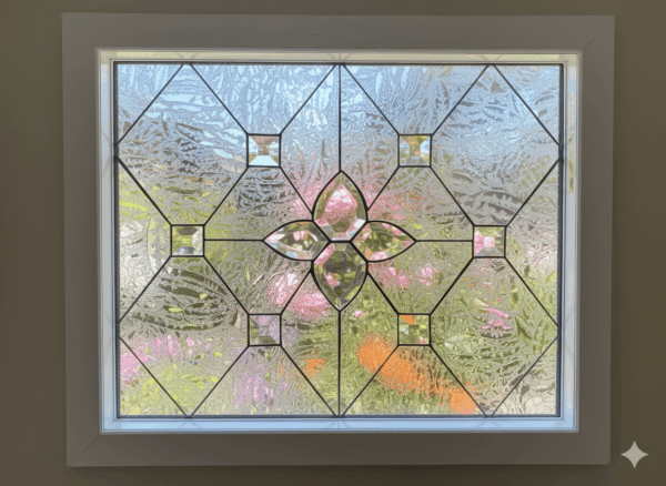Simple & Elegant!! The "Ventura" Stained and Beveled Glass Window (Insulated In Tempered Glass & Vinyl Framed)