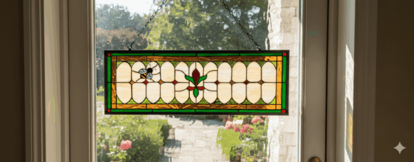 Victorian Flower With Bumble Bee Star Stained Leaded Glass Panel