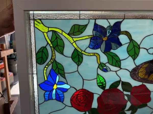 The "Butterfly & Flower Patch " Leaded Stained Glass & Beveled Window is Install Ready & Vinyl Framed and Insulated