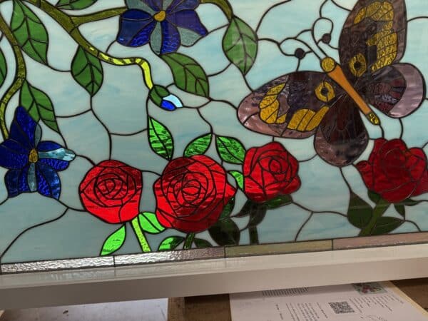 The "Butterfly & Flower Patch " Leaded Stained Glass & Beveled Window is Install Ready & Vinyl Framed and Insulated