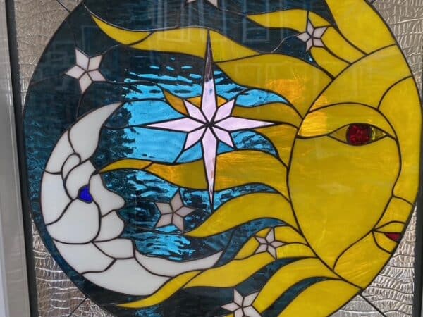 Colored Galaxy Sun, Moon & Star #2 Stained Glass Window Vinyl Framed and Triple Paned and Insulated in Tempered Glass