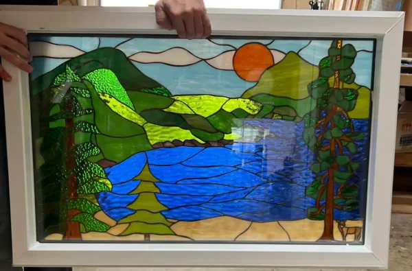 Lake, Deer and Pine Trees Stained Glass - Ready To Install - Vinyl Framed & Insulated
