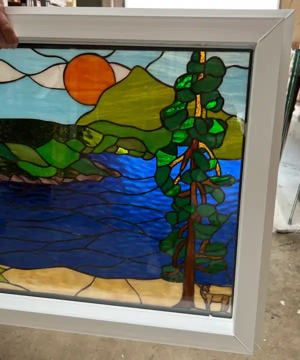 Lake, Deer and Pine Trees Stained Glass - Ready To Install - Vinyl Framed & Insulated