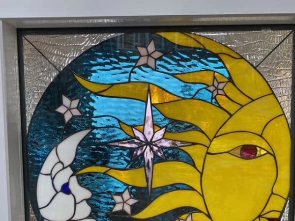 Colored Galaxy Sun, Moon & Star #2 Stained Glass Window Vinyl Framed and Triple Paned and Insulated in Tempered Glass