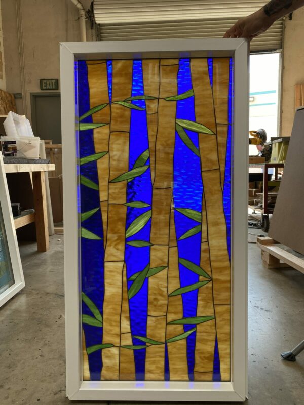 Stained Glass Bamboo & Deep Blue Sky Stained Glass Window Vinyl Framed, Insulated (Triple Paned)