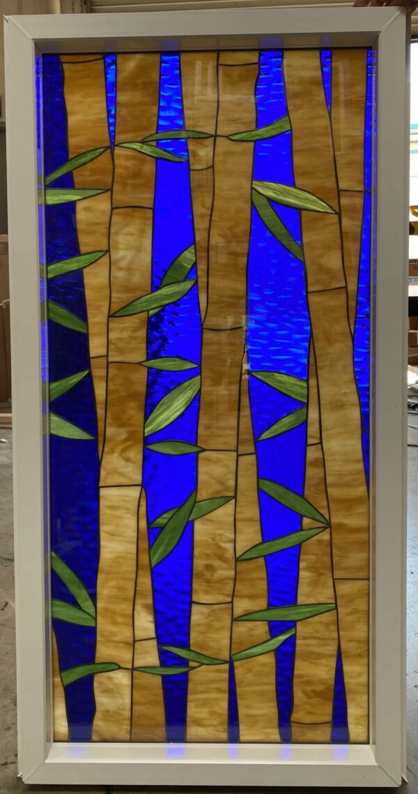 Stained Glass Bamboo & Deep Blue Sky Stained Glass Window Vinyl Framed, Insulated (Triple Paned)