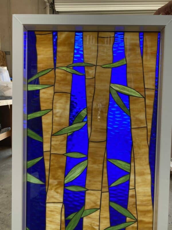 Stained Glass Bamboo & Deep Blue Sky Stained Glass Window Vinyl Framed, Insulated (Triple Paned)