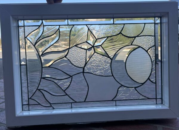 Vinyl framed and Triple Paned Beveled Sun, Moon & Star #2 Stained Glass Window