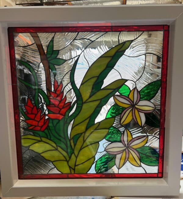 Tropical! Plumeria & Heliconia Flowers Stained Glass Window Vinyl Framed, Insulated & Triple Paned