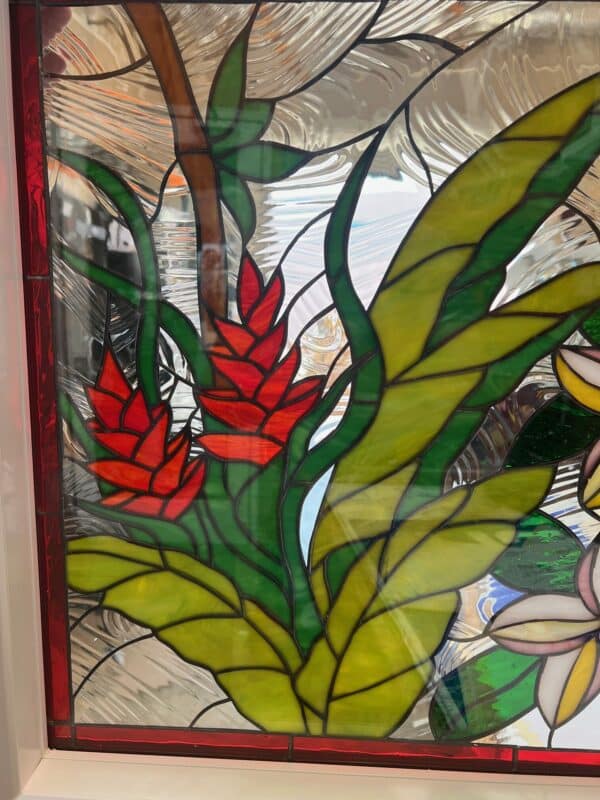 Tropical! Plumeria & Heliconia Flowers Stained Glass Window Vinyl Framed, Insulated & Triple Paned