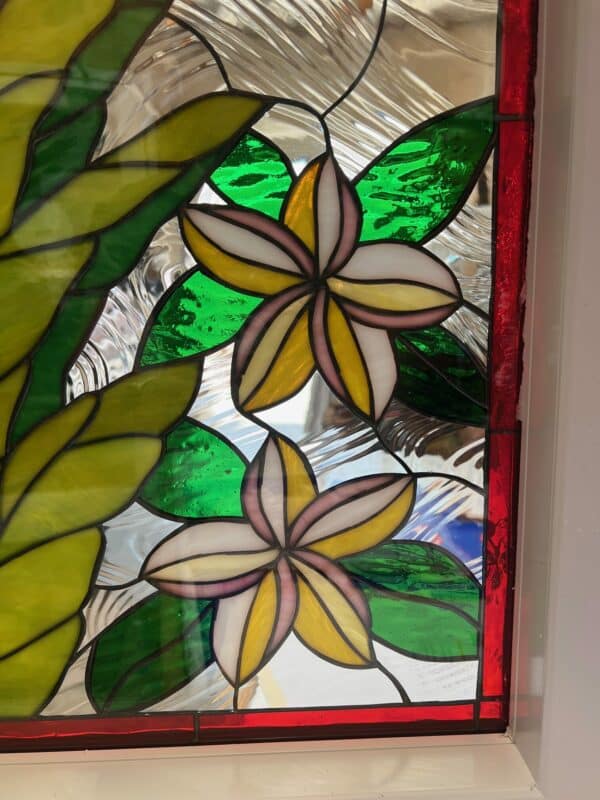 Tropical! Plumeria & Heliconia Flowers Stained Glass Window Vinyl Framed, Insulated & Triple Paned
