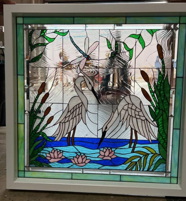 The "Egret & Water lilies" Stained Glass Beveled Clear Textured Vinyl Framed and Insulated