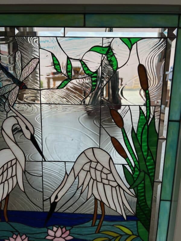 The "Egret & Water lilies" Stained Glass Beveled Clear Textured Vinyl Framed and Insulated
