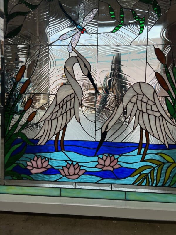 The "Egret & Water lilies" Stained Glass Beveled Clear Textured Vinyl Framed and Insulated