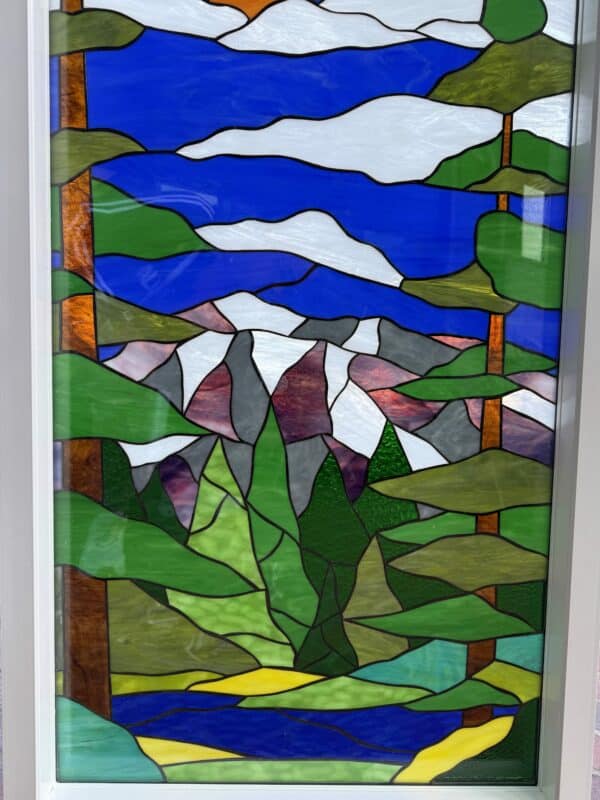 Pine Trees, Lake & MountainsStained Glass Window Vinyl Framed & Triple Paned