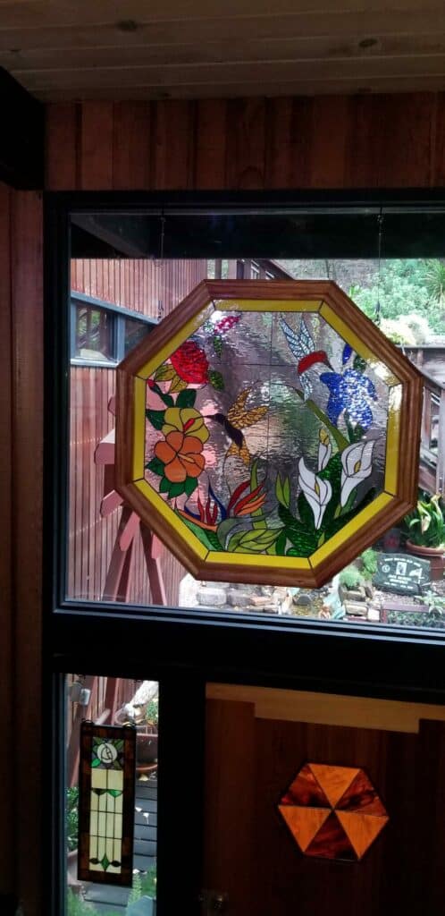 Octagonal Hummingbird Paradise Stained Glass Installed