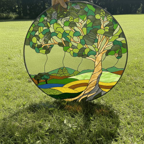 A circular leaded stained glass panel depicting a vibrant tree of life with green foliage and a brown trunk, set against a landscape of rolling green hills and a blue pond.