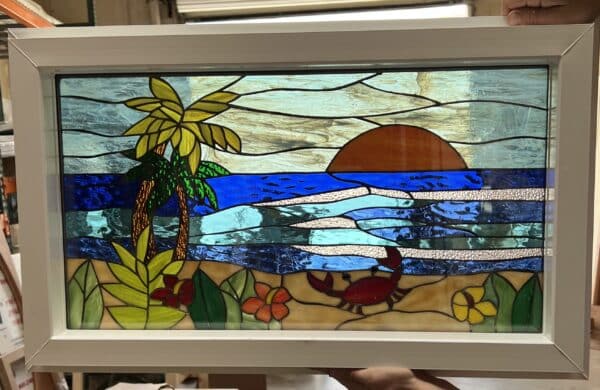 The "Crab, Beach & Sunset" Clear Stained Glass Window Panel - Vinyl Framed Tempered Glass Insulated