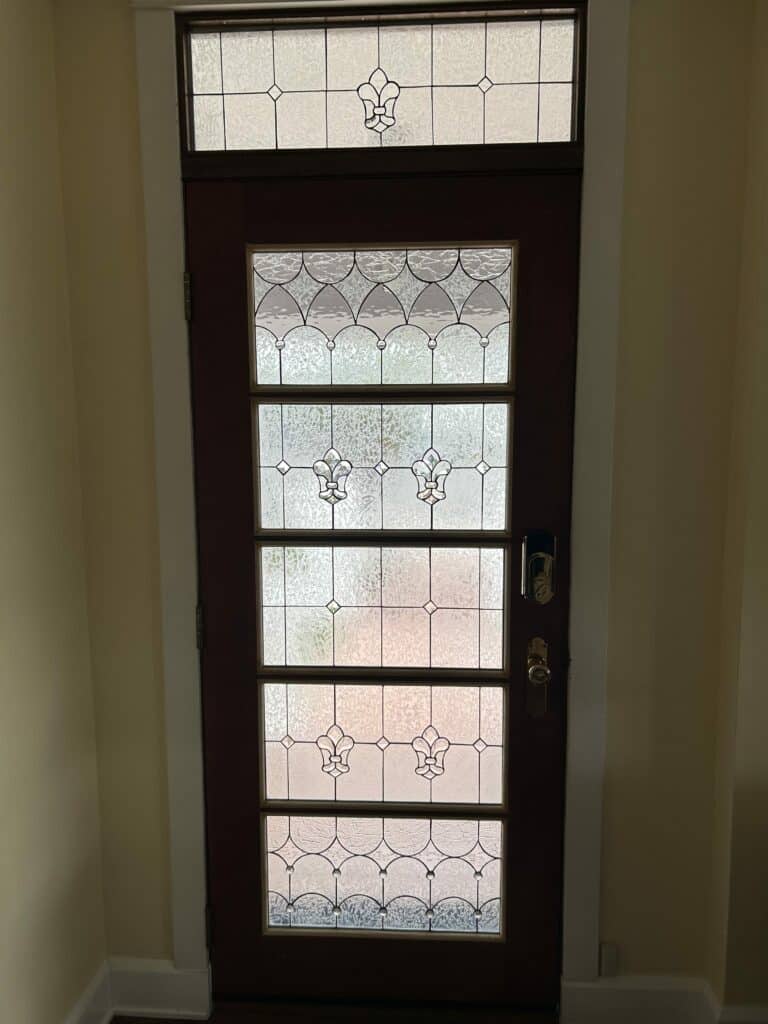 Before and After Elegant Stained Glass Panels Installed on Existing Door