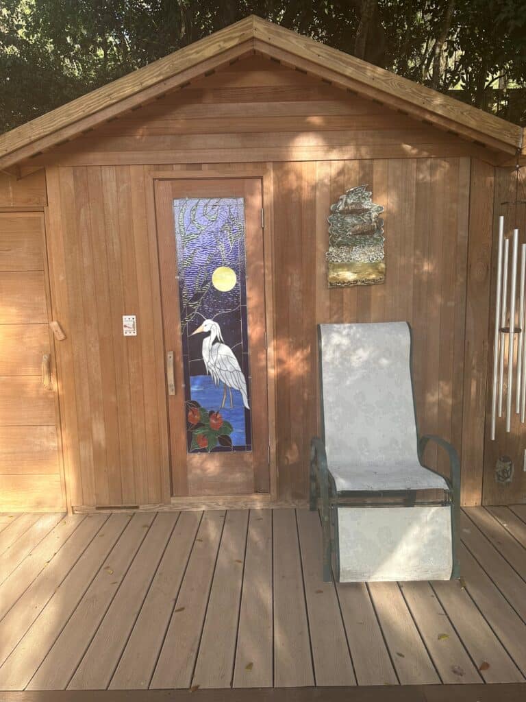 Egret and Hibiscus Stained Glass Panel for Outdoor Sauna Door
