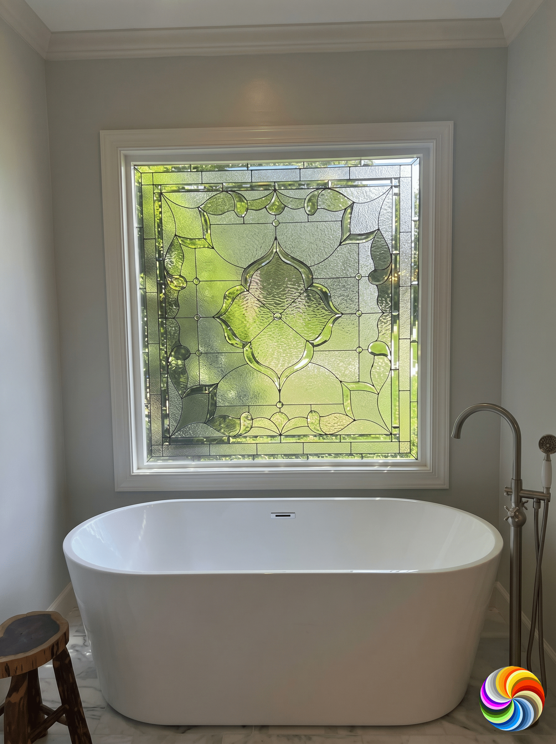 A rectangular, leaded stained glass window, featuring an intricate central design made from clear textured glass and small bevels, installed above a white bathtub in a bathroom.