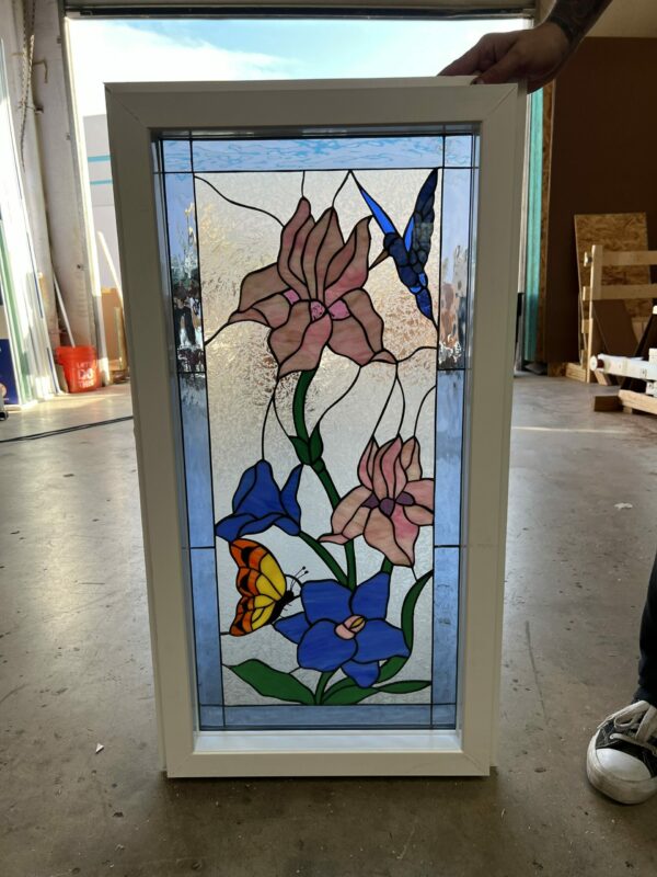 Butterfly, Hummingbird, And Iris Glass Window Vinyl Framed, Insulated & Triple Paned