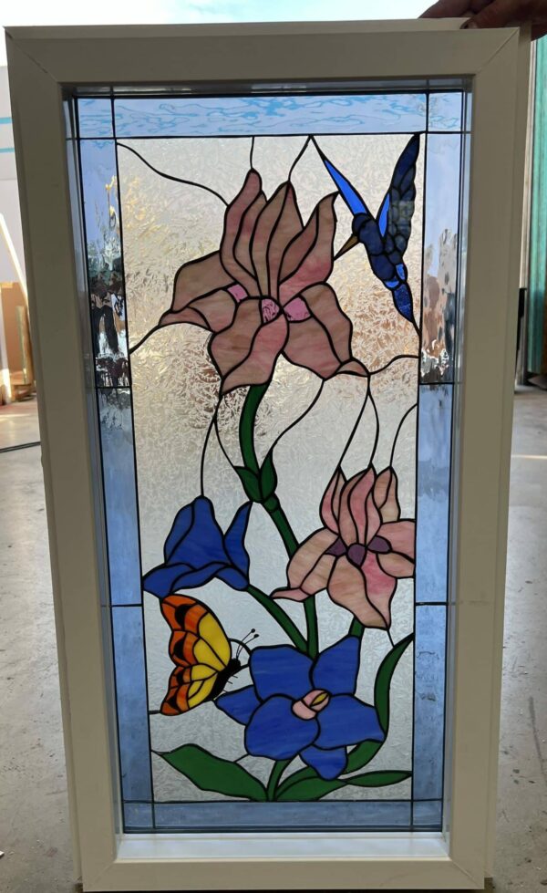 Butterfly, Hummingbird, And Iris Glass Window Vinyl Framed, Insulated & Triple Paned