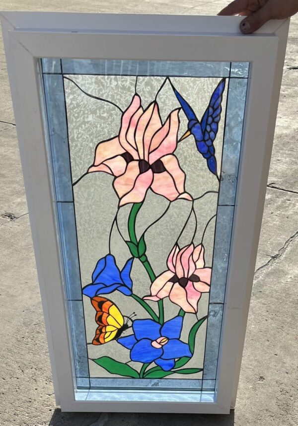 Butterfly, Hummingbird, And Iris Glass Window Vinyl Framed, Insulated & Triple Paned