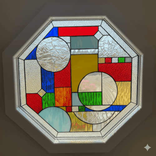 An octagonal, insulated vinyl window with a modern abstract stained glass panel inside. The geometric design is a collage of circles and rectangles using bold primary colors like red, blue, and yellow, and various clear textures.