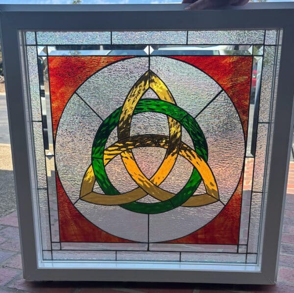 Vinyl Framed and Insulated Tempered Glass. Beautiful Trinity Celtic Knot Stained Glass Window!