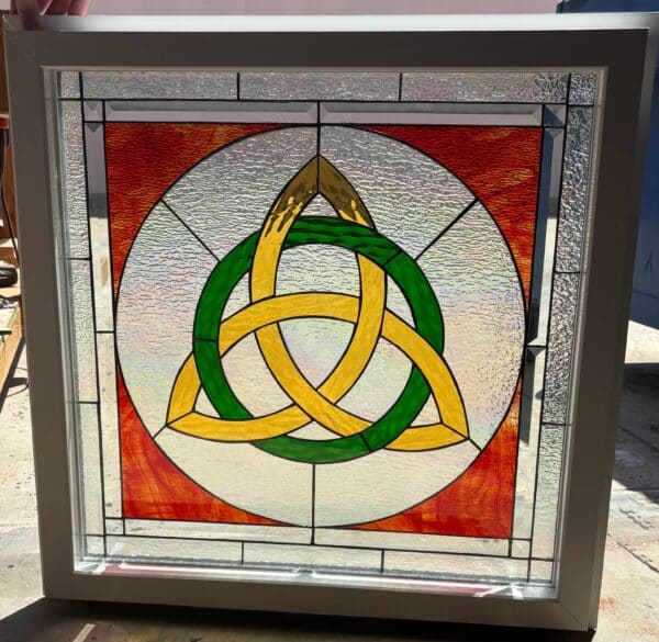 Vinyl Framed and Insulated Tempered Glass. Beautiful Trinity Celtic Knot Stained Glass Window!