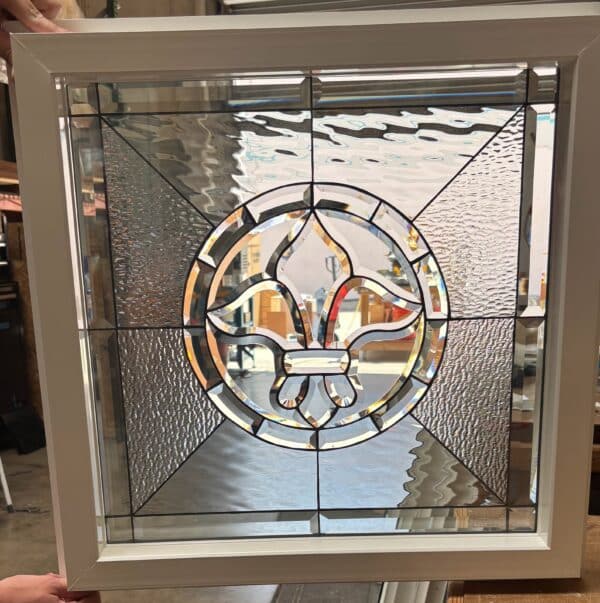 Vinyl Framed and Insulated. Beveled "Fleur De Lis" Style Stained Glass Window!