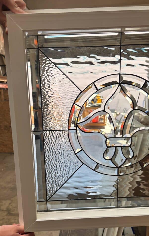 Vinyl Framed and Insulated. Beveled "Fleur De Lis" Style Stained Glass Window!