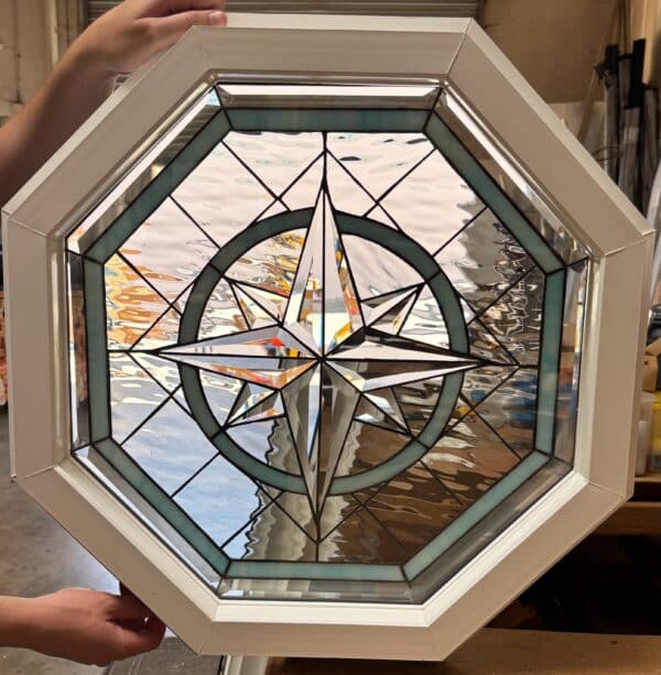 Vinyl Framed and Tempered Glass Insulated. Beautiful Beveled Compass Rose Octagon Stained Glass Window!