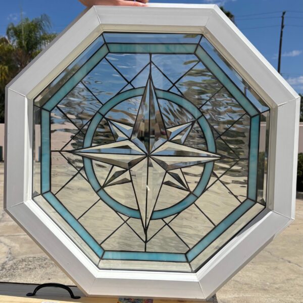 Vinyl Framed and Tempered Glass Insulated. Beautiful Beveled Compass Rose Octagon Stained Glass Window!