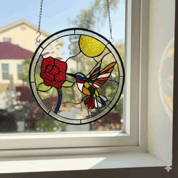 A circular stained glass panel featuring a colorful hummingbird hovering near a red rose, with a yellow sun and clear textured glass background, hanging in a window.