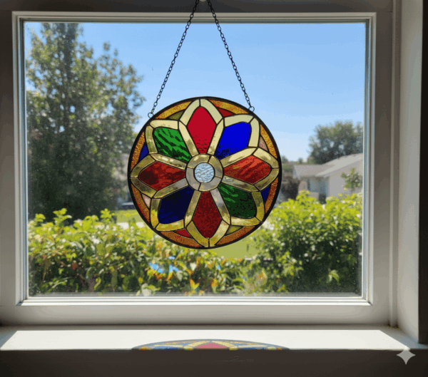 A circular stained glass panel hanging in a window, featuring a geometric mandala design with colorful red, blue, green, and amber glass petals around a clear center.