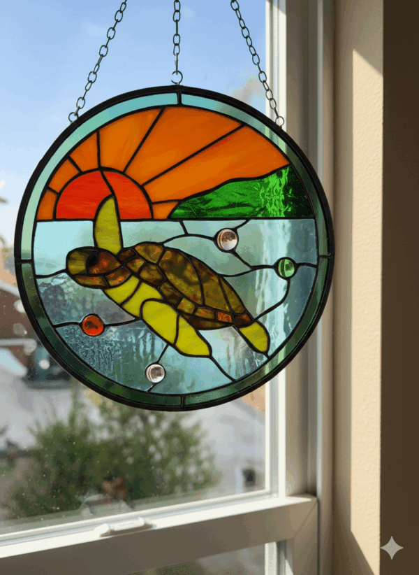 A round leaded stained glass panel featuring a brown and yellow sea turtle swimming in light blue water, with an orange and red sunset and green landmass above. It includes several clear, orange, and green glass jewels and is hung by a black chain.