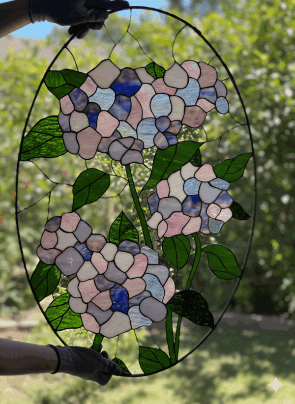 Hydrangea Flowers Oval Stained Glass Window Panel