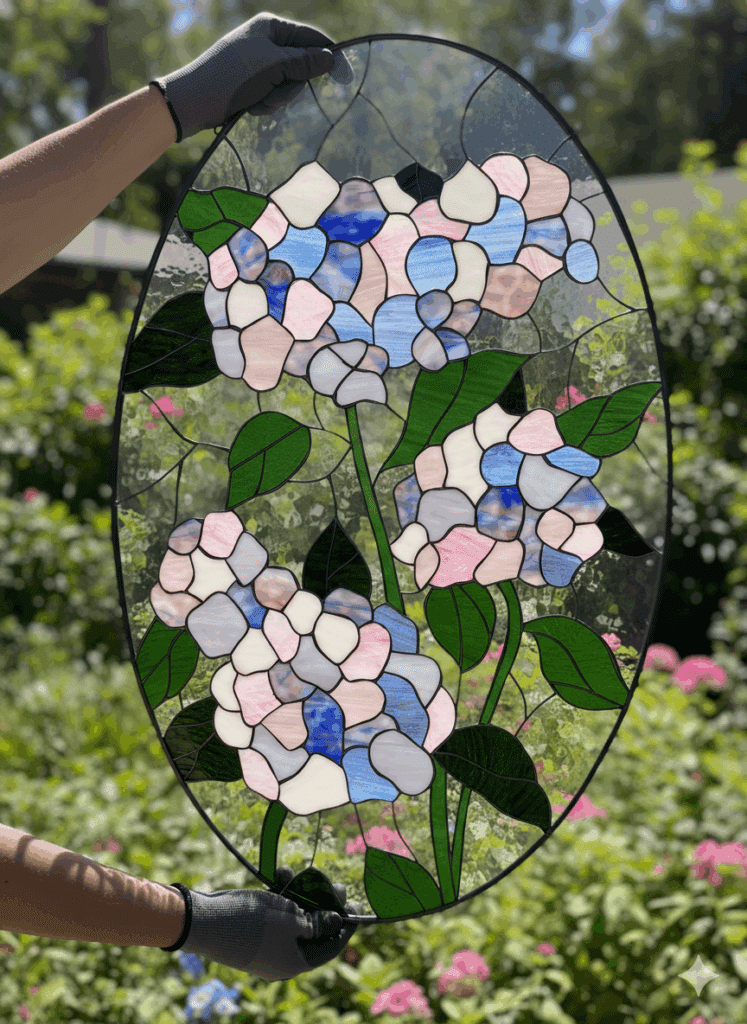 Hydrangea Flowers Oval Stained Glass Window Panel