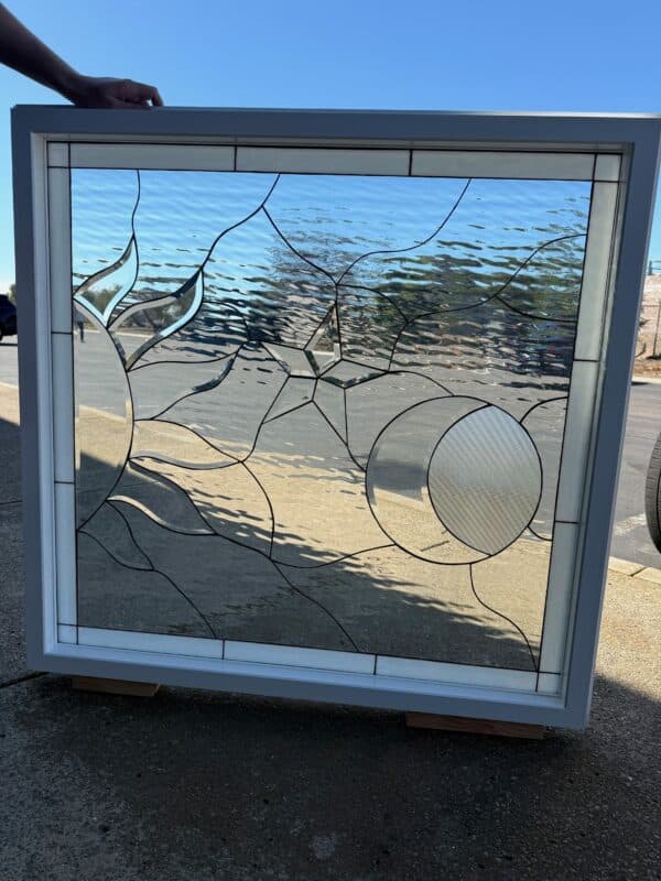 The Galaxy Beveled Sun, Moon & Star Vinyl Framed and Insulated Stained Beveled Glass Window